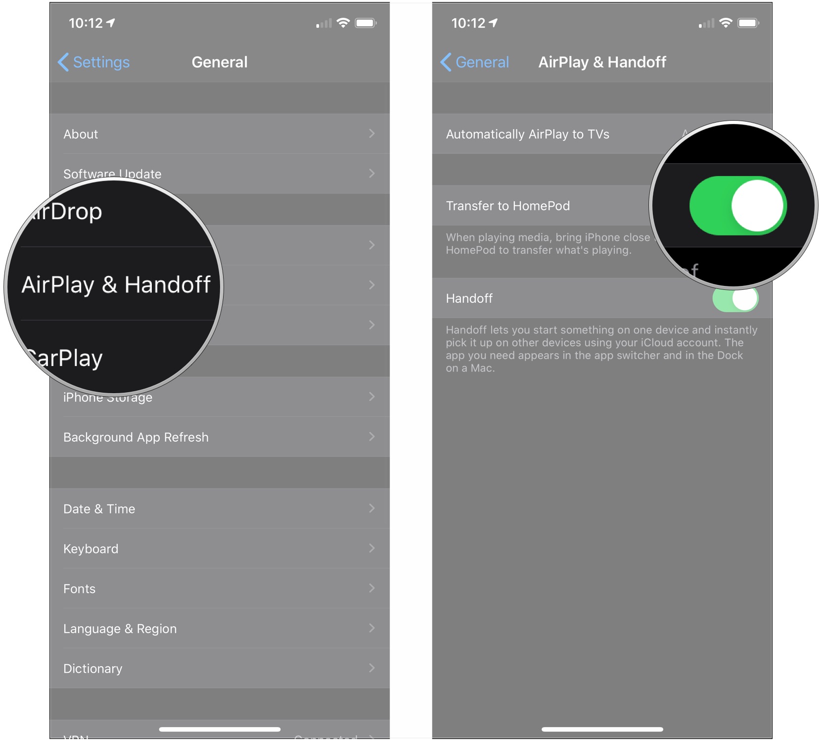 Tap AirPlay & Handoff, tap switch