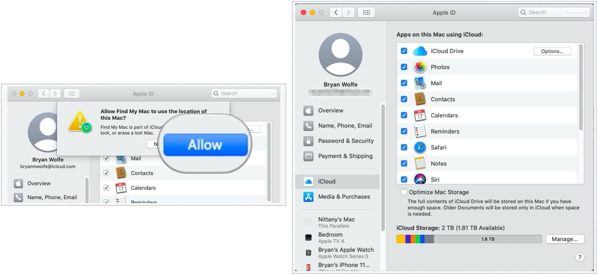 To set up iCloud on Mac, choose Allow, then confirm the checkboxes next to all the apps that use iCloud.