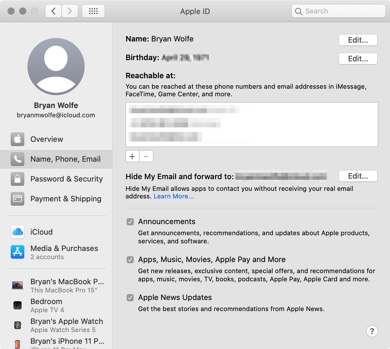 To view your iCloud account information on Mac, click Name, Phone, Email