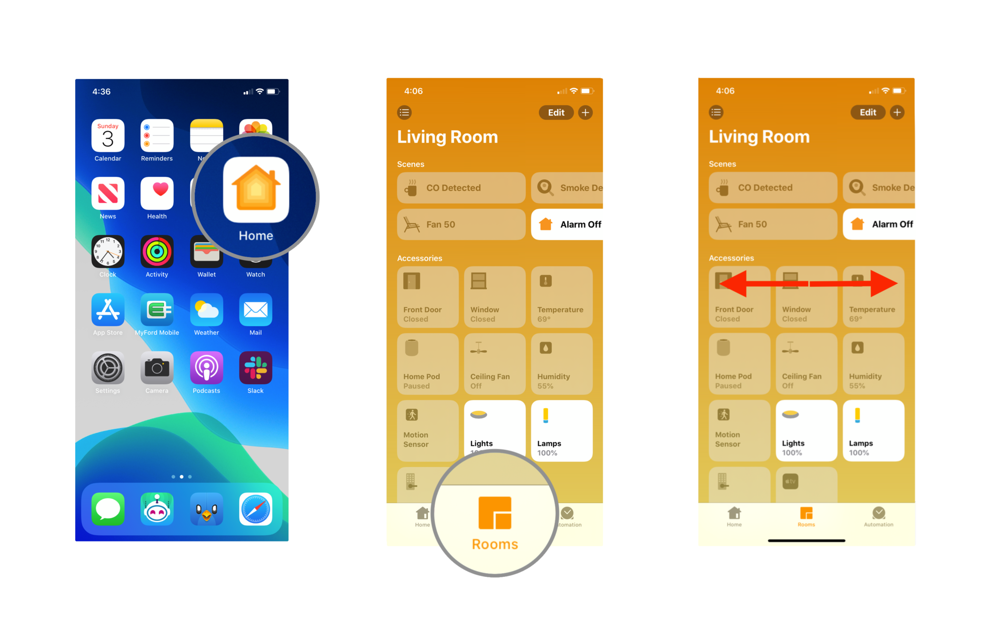 Steps 1-3 depicting how to ungroup accessories in the Home app