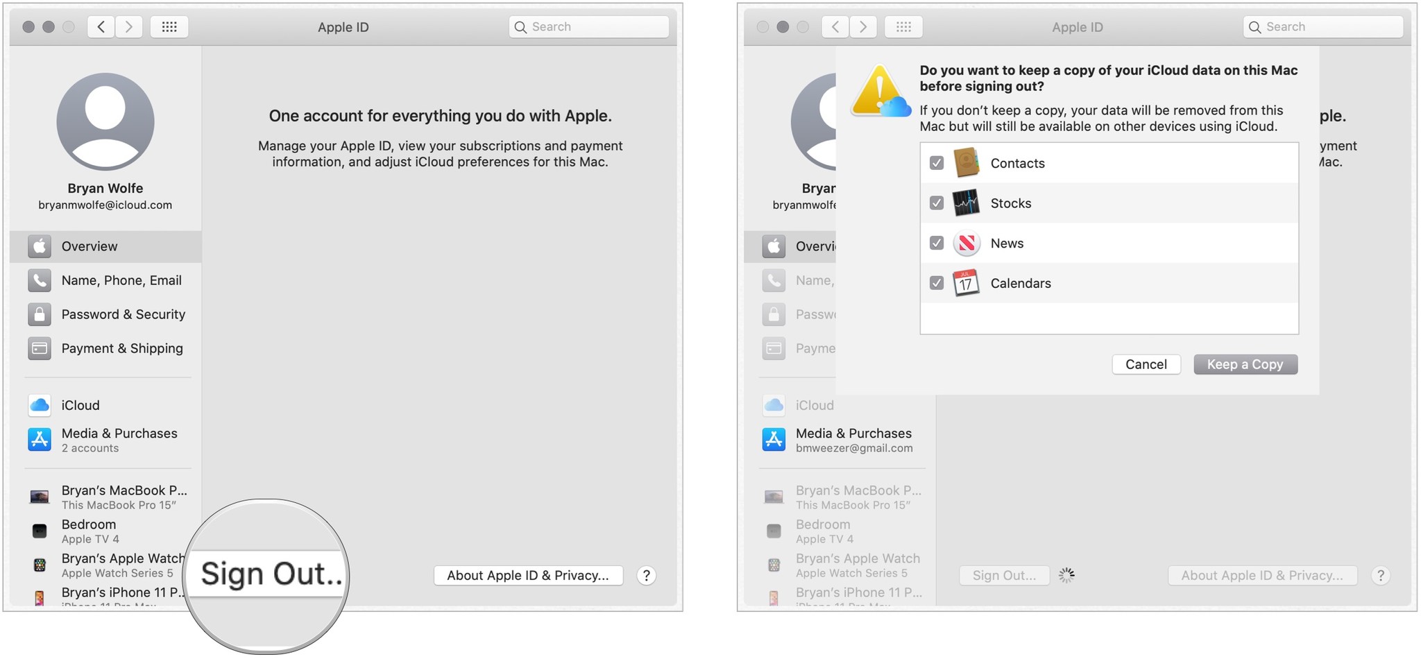 pour vous déconnecter d'iCloud sur Mac, cliquez sur Présentation à droite.  Cliquez sur Déconnexion.  Activez/désactivez le contenu que vous souhaitez conserver sur votre ordinateur.  Sélectionnez Conserver une copie.  Suivez les invites supplémentaires.