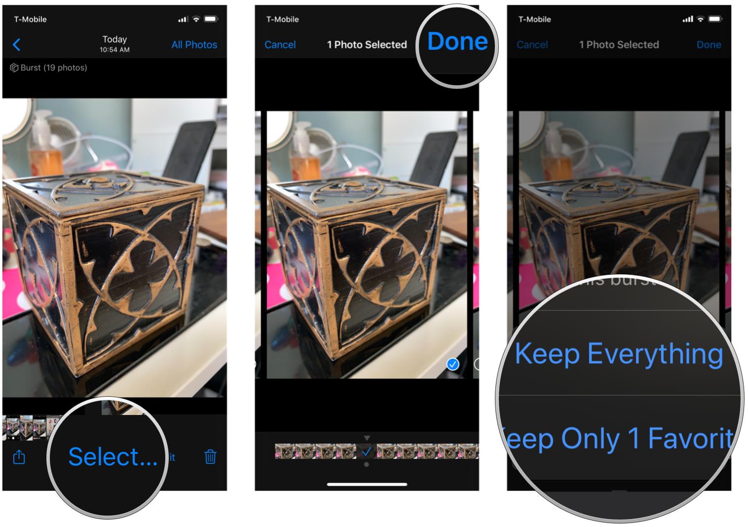How to take and select burst mode photos on iPhone and iPad by showing steps: Find your Burst mode stack, tap Select, choose your favorites, tap Done and select what you want to keep