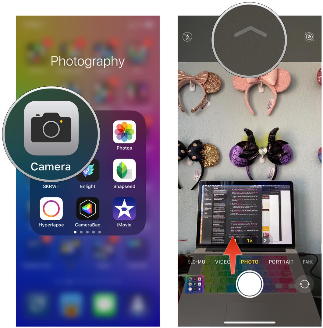Получите доступ к дополнительным элементам управления камерой на iPhone 11 Pro, показывая шаги: запустите камеру, коснитесь стрелки вверху или проведите пальцем вверх над кнопкой спуска затвора.