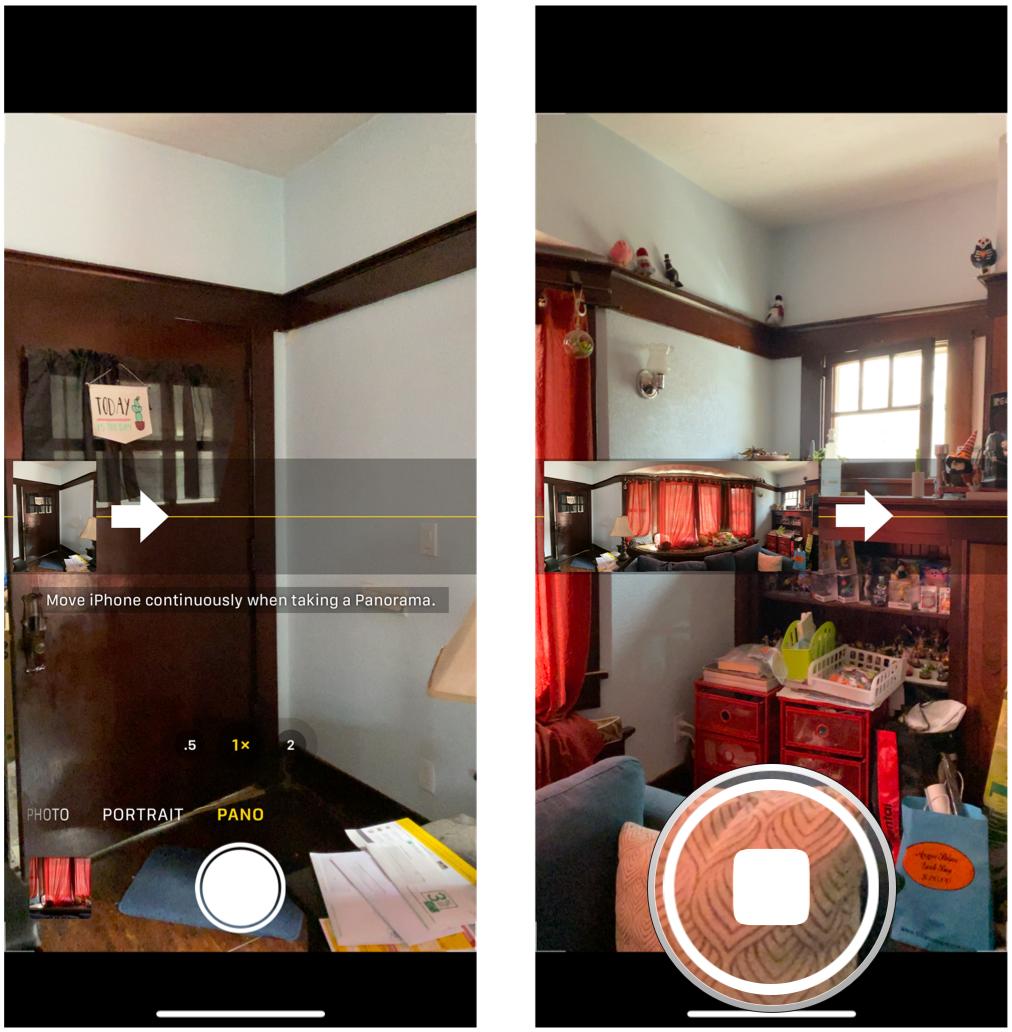 How to take a panorama on iPhone or iPad by showing steps: Select the direction of your pano, and then move your device slowly, following the arrow, then tap capture button to stop