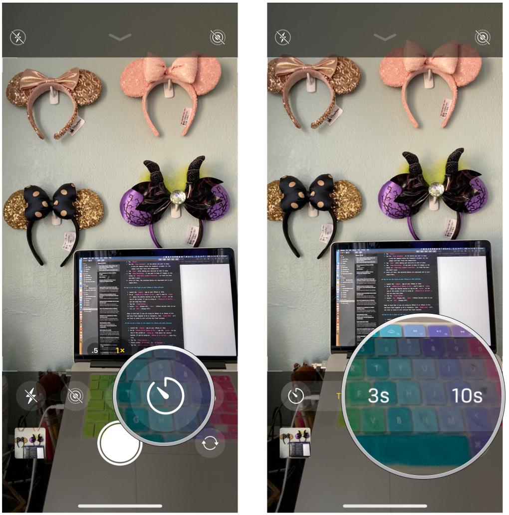 Set the Timer in Camera on iPhone and iPad by showing steps: Tap Timer, select countdown seconds