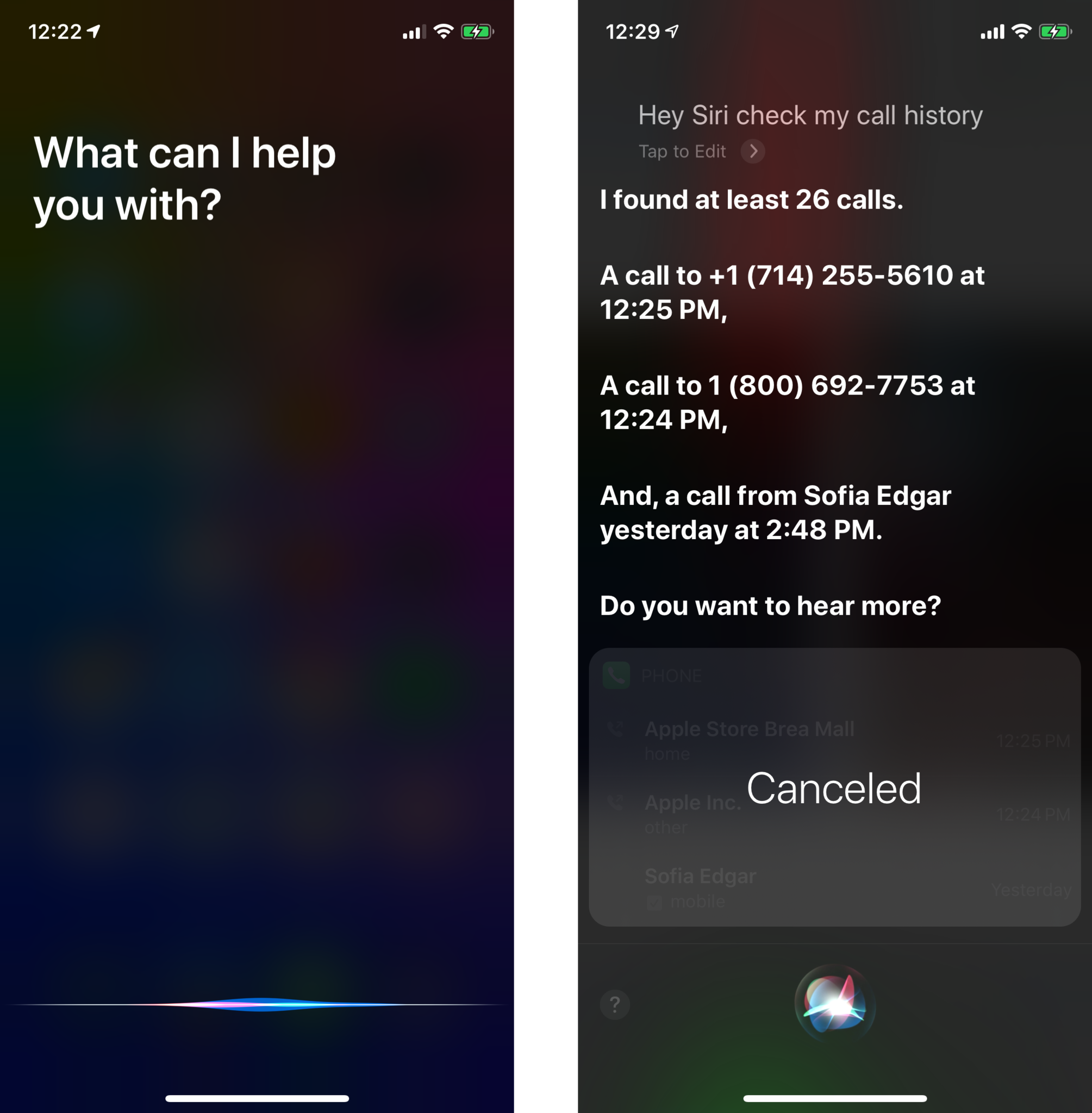 Скажите Siri, что хотите узнать историю звонков