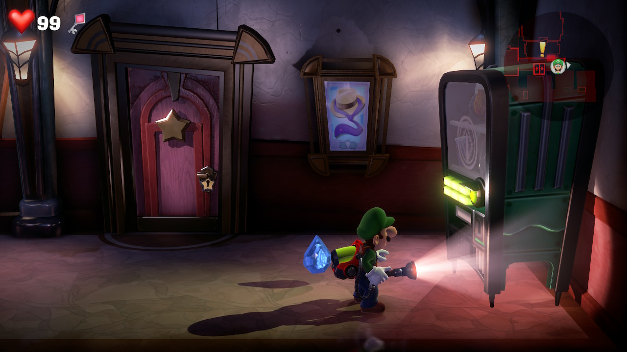Luigi finds the blue gem in the Hotel Shops