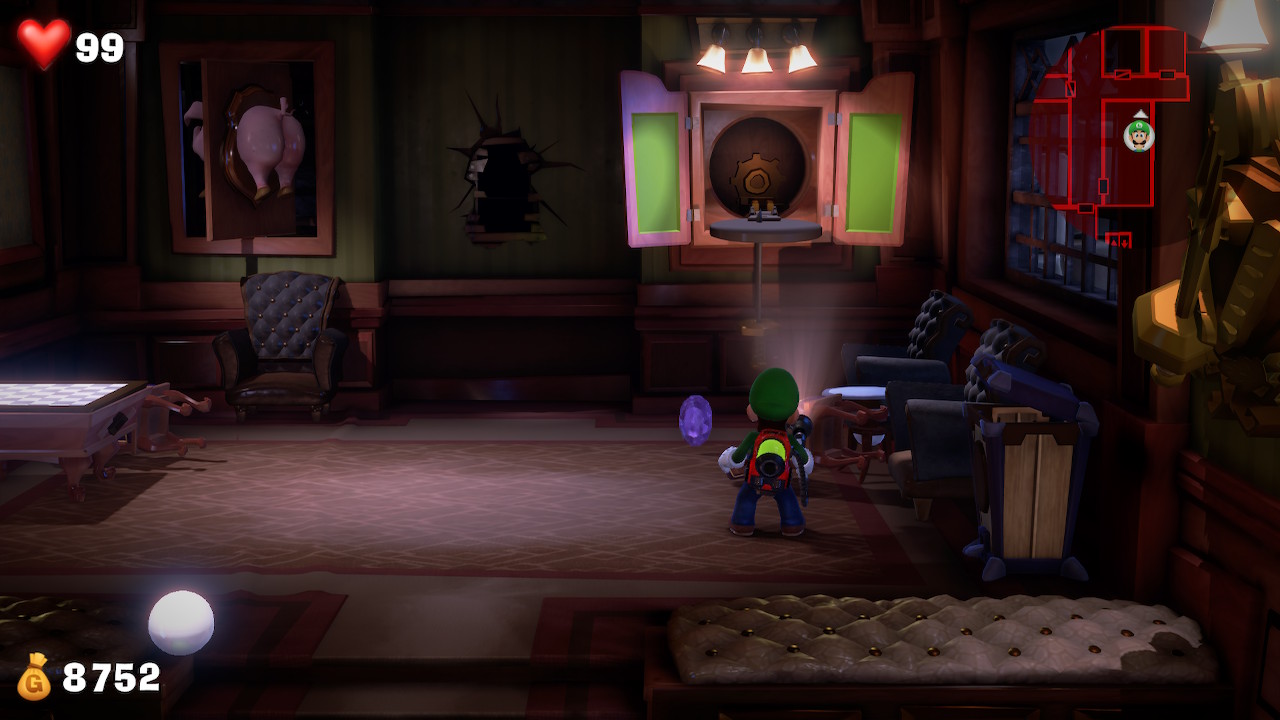 Luigi finds the purple gem in the Mezzanine