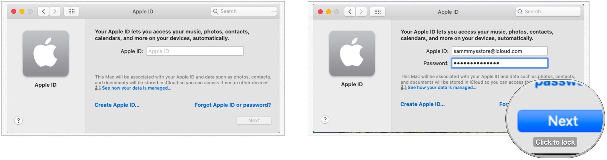 Чтобы настроить iCloud на Mac, введите свой Apple ID и пароль, затем нажмите «Далее».