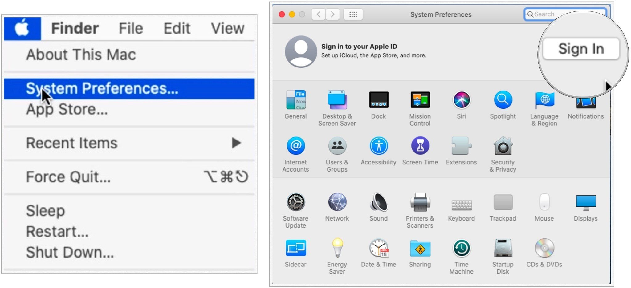 Pour configurer iCloud sur Mac, cliquez sur l'icône Apple dans le coin supérieur gauche de l'écran, puis sélectionnez Préférences Système.  Choisissez Se connecter.
