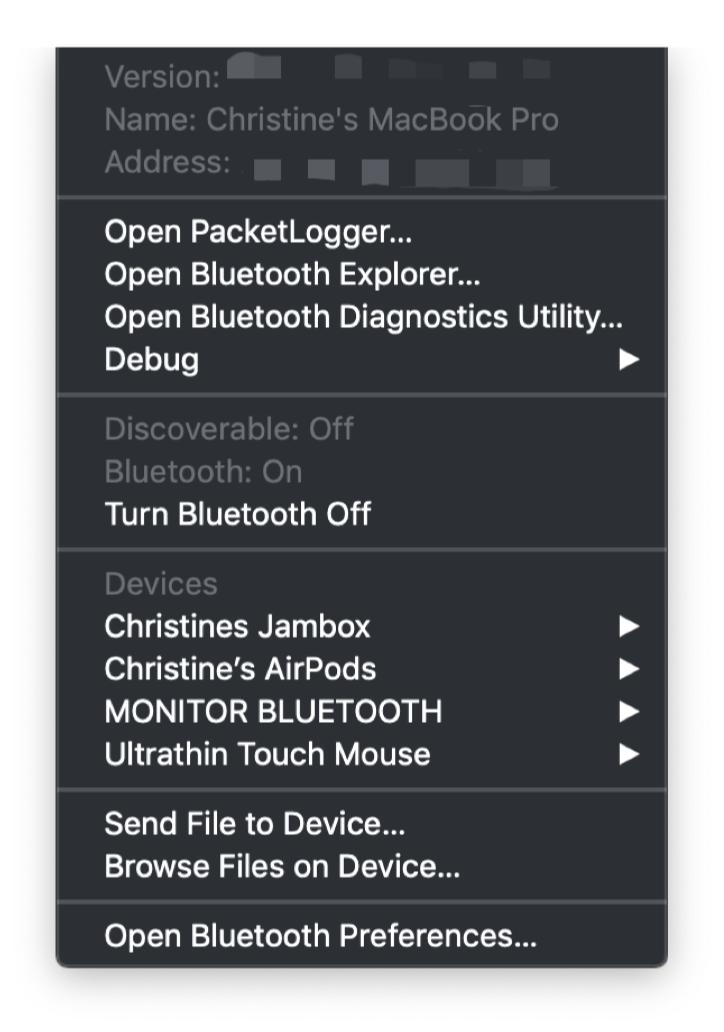 Debug menu in Bluetooth menu bar