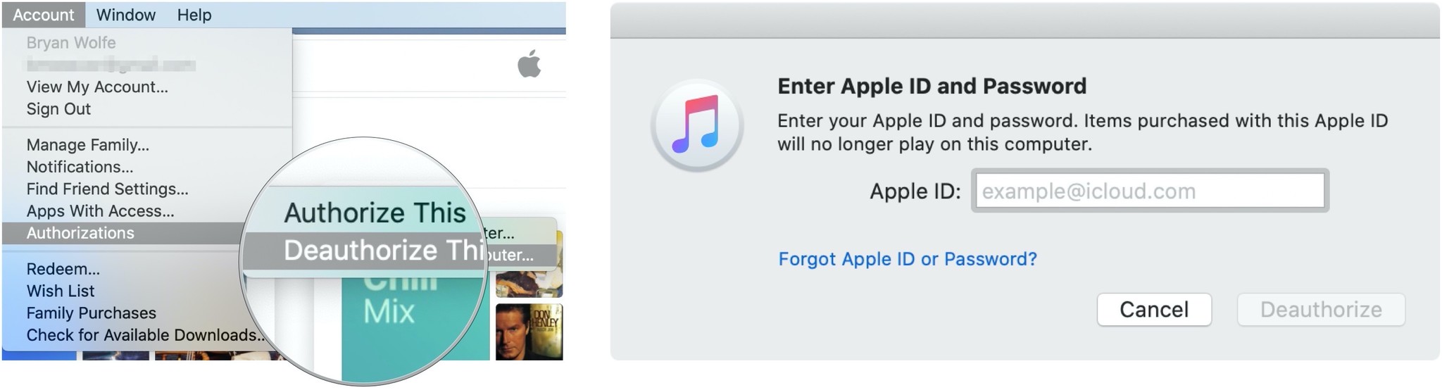 To sign out of Music, click Deauthorize This Computer. Enter your Apple ID and password, then choose Deauthorize.