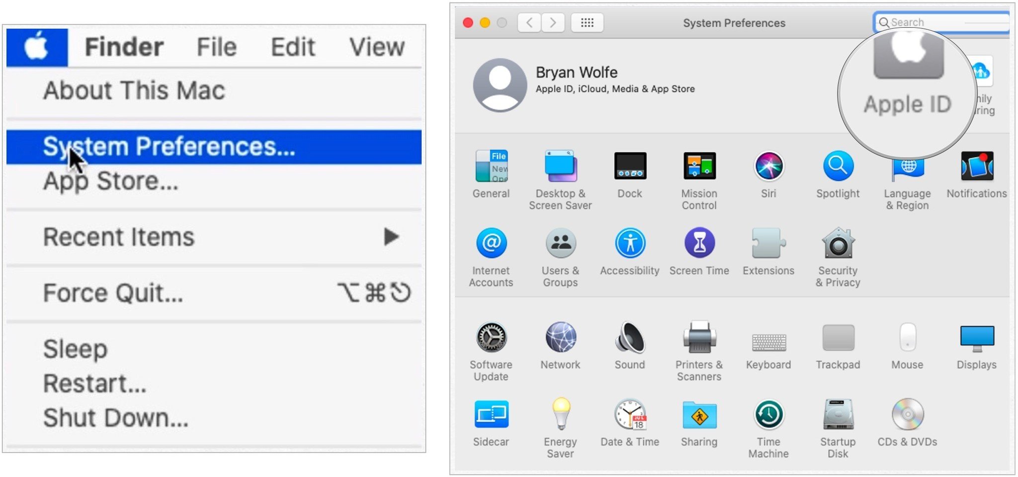 Чтобы управлять разрешениями синхронизации iCloud на Mac, щелкните значок Apple, затем выберите «Системные настройки».  Щелкните Apple ID.