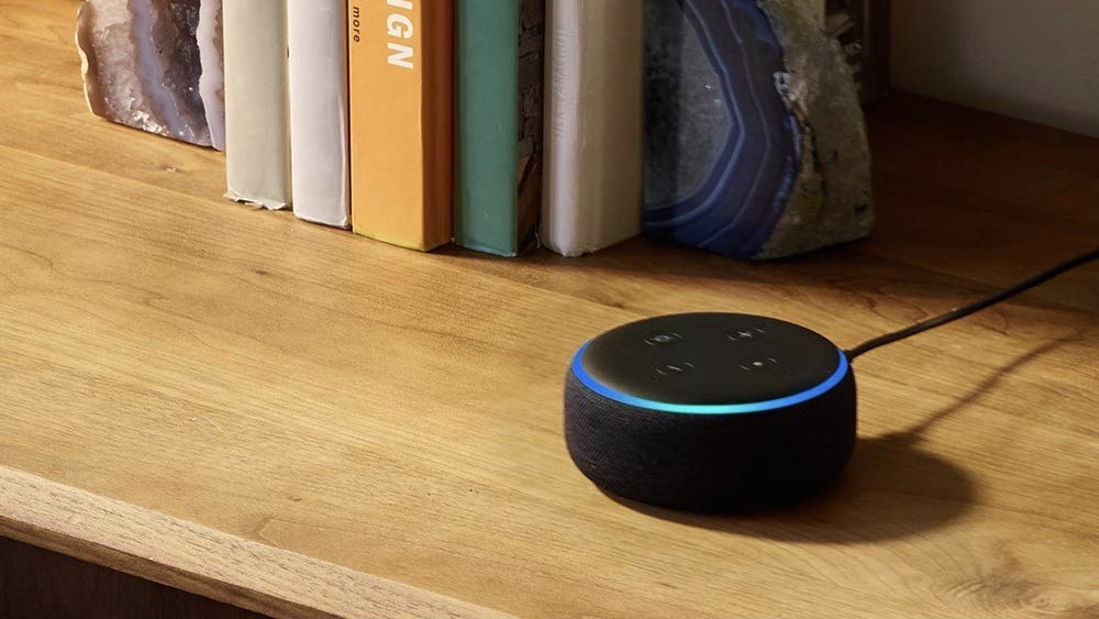 Amazon Echo Dot on a bookshelf