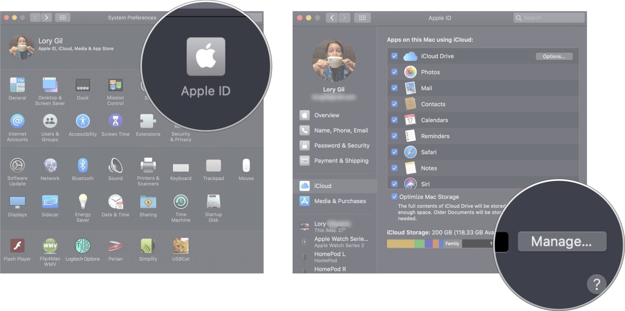 Откройте настройки хранилища на Mac: нажмите на свой Apple ID, а затем нажмите «Управление».