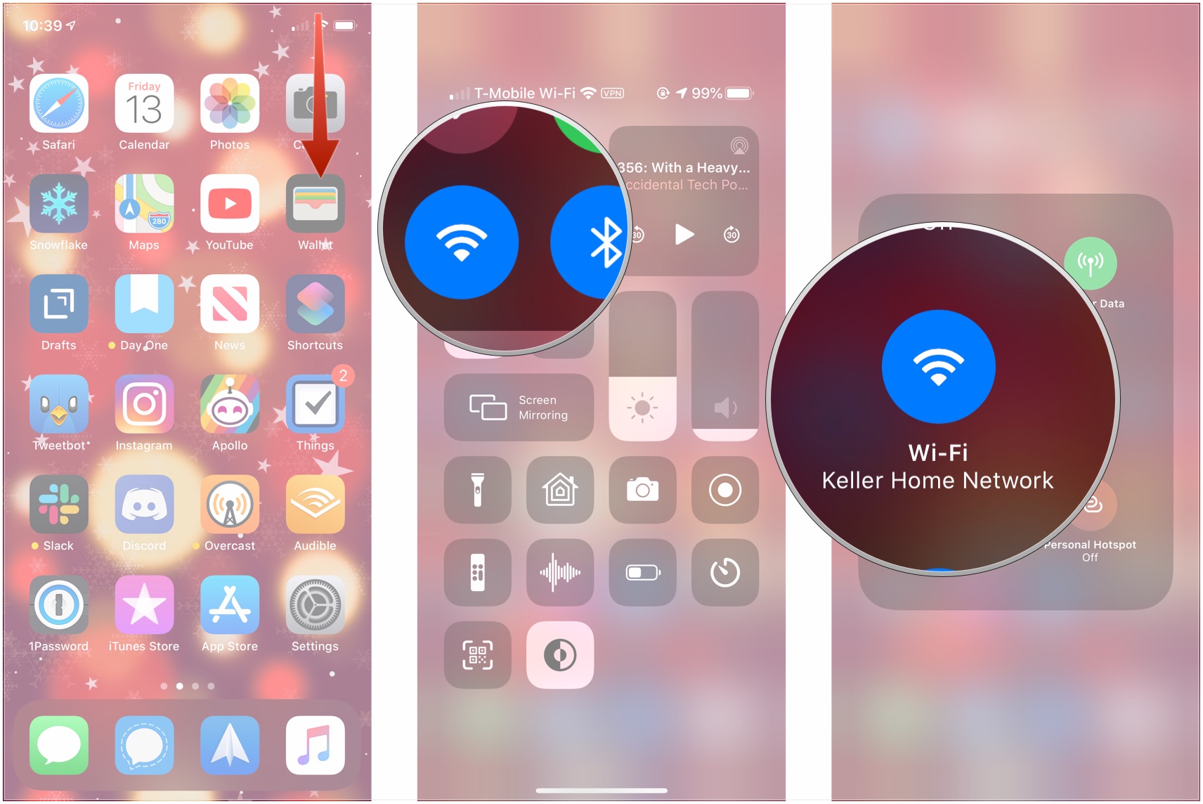 See Control Center actions with Haptic Touch, showing how to open Control Center, long-press Wi-Fi indicator, then long-press Wi-Fi indicator