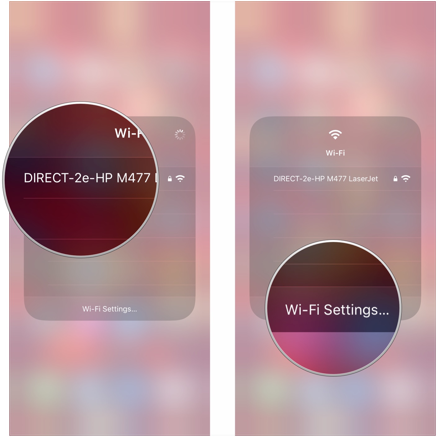 See Control Center actions with Haptic Touch, showing how to tap Wi-Fi network, then tap Wi-Fi settings