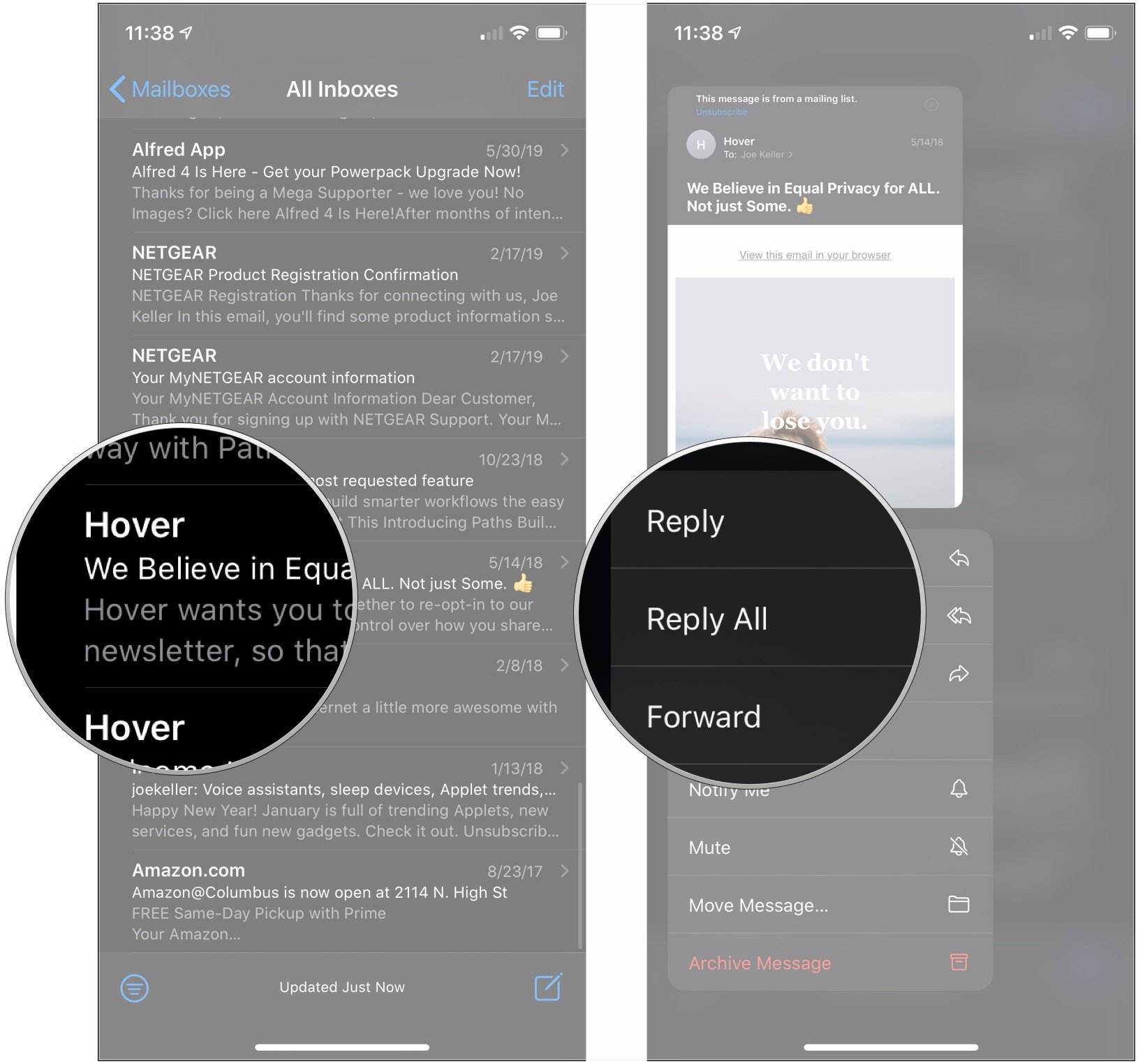 Use Haptic Touch email actions, showing how to long-press email, then tap an action