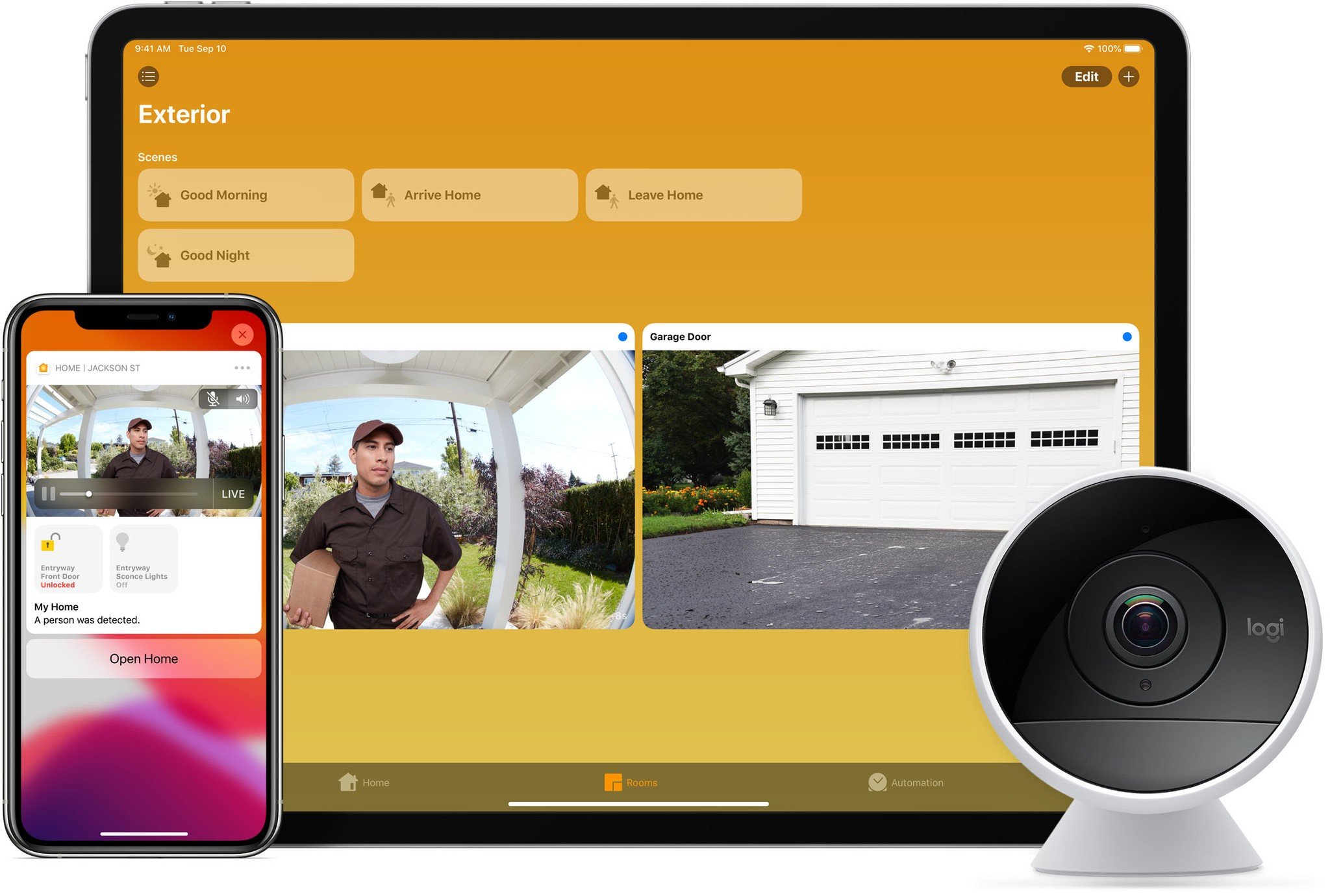 HomeKit Secure Video featured displayed on an iPhone and iPad next to a Logitech Circle 2 Camera