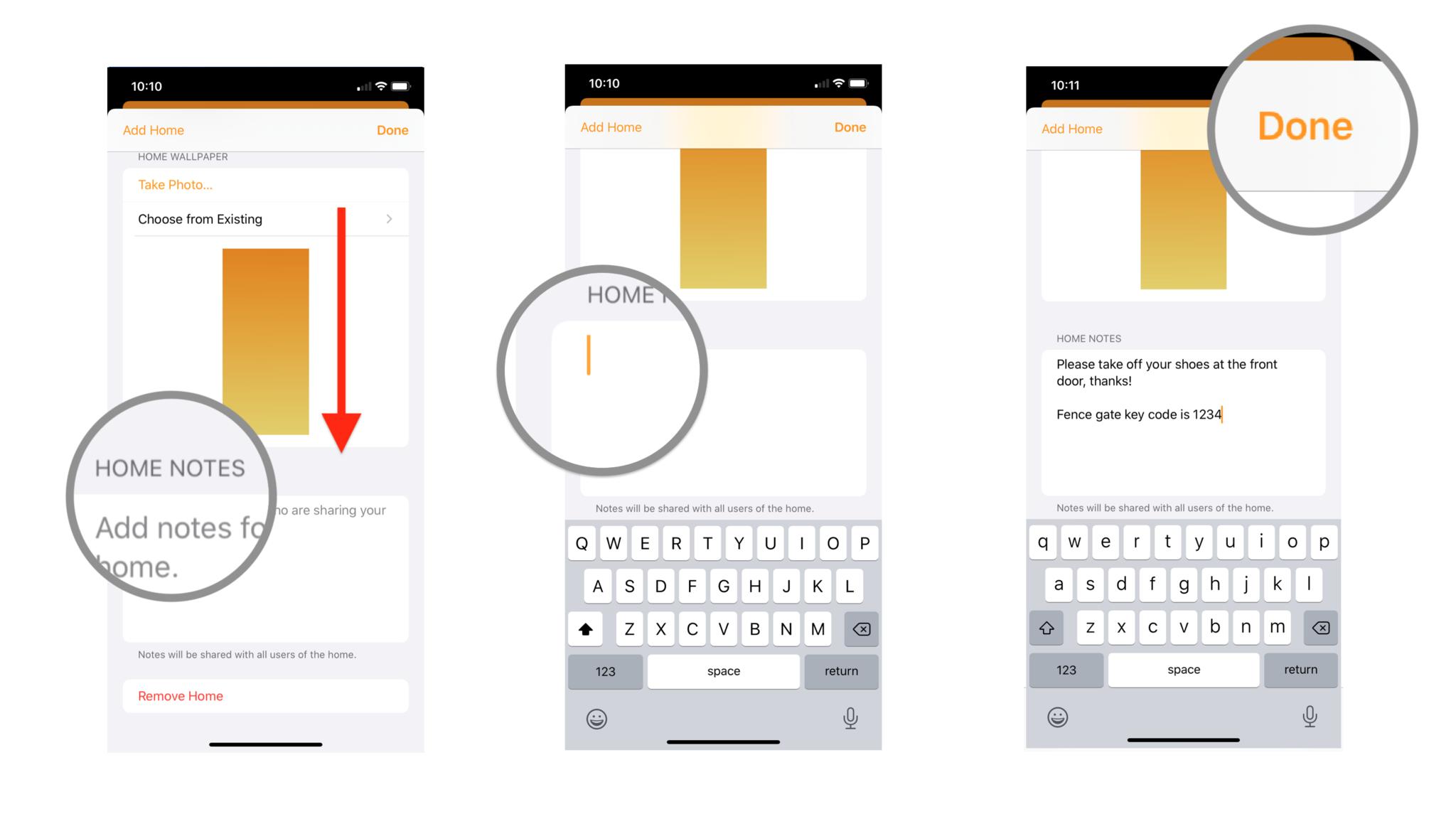 Steps 4-6 depicting how to add notes in the iOS Home app