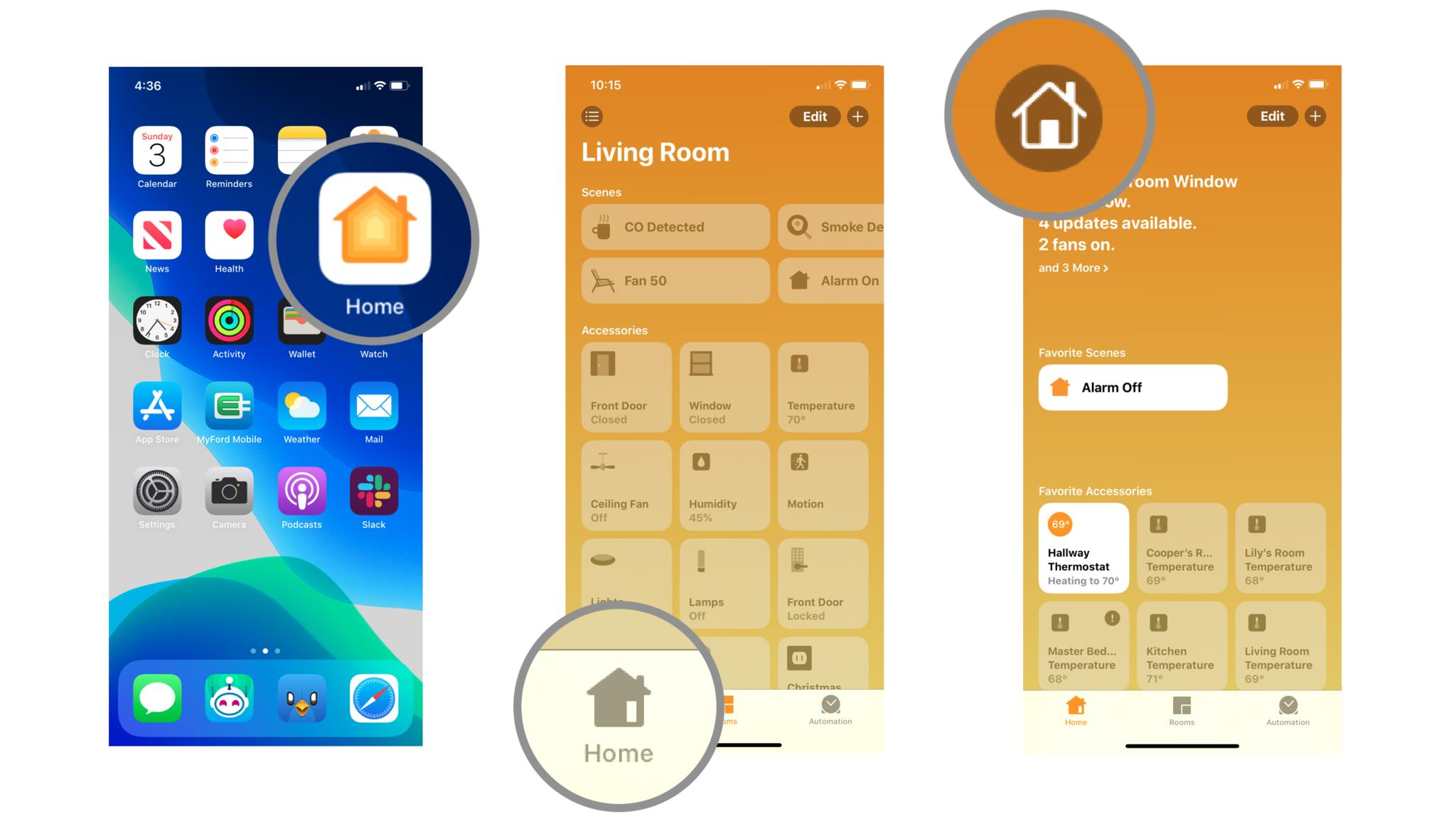 Steps 1-3 depicting how to change your home wallpaper in the Home app