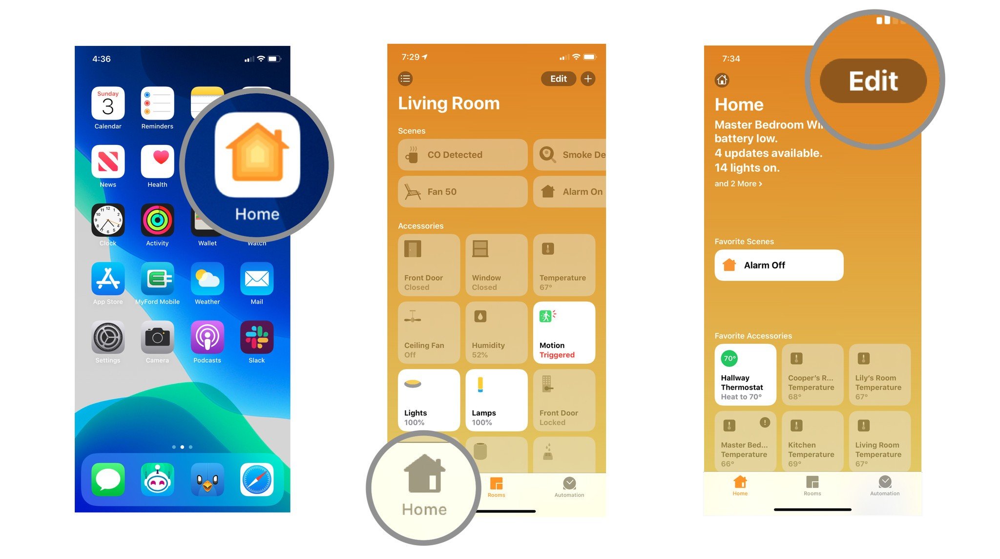 Steps 1-3 depicting how to rename home in Home app favorites