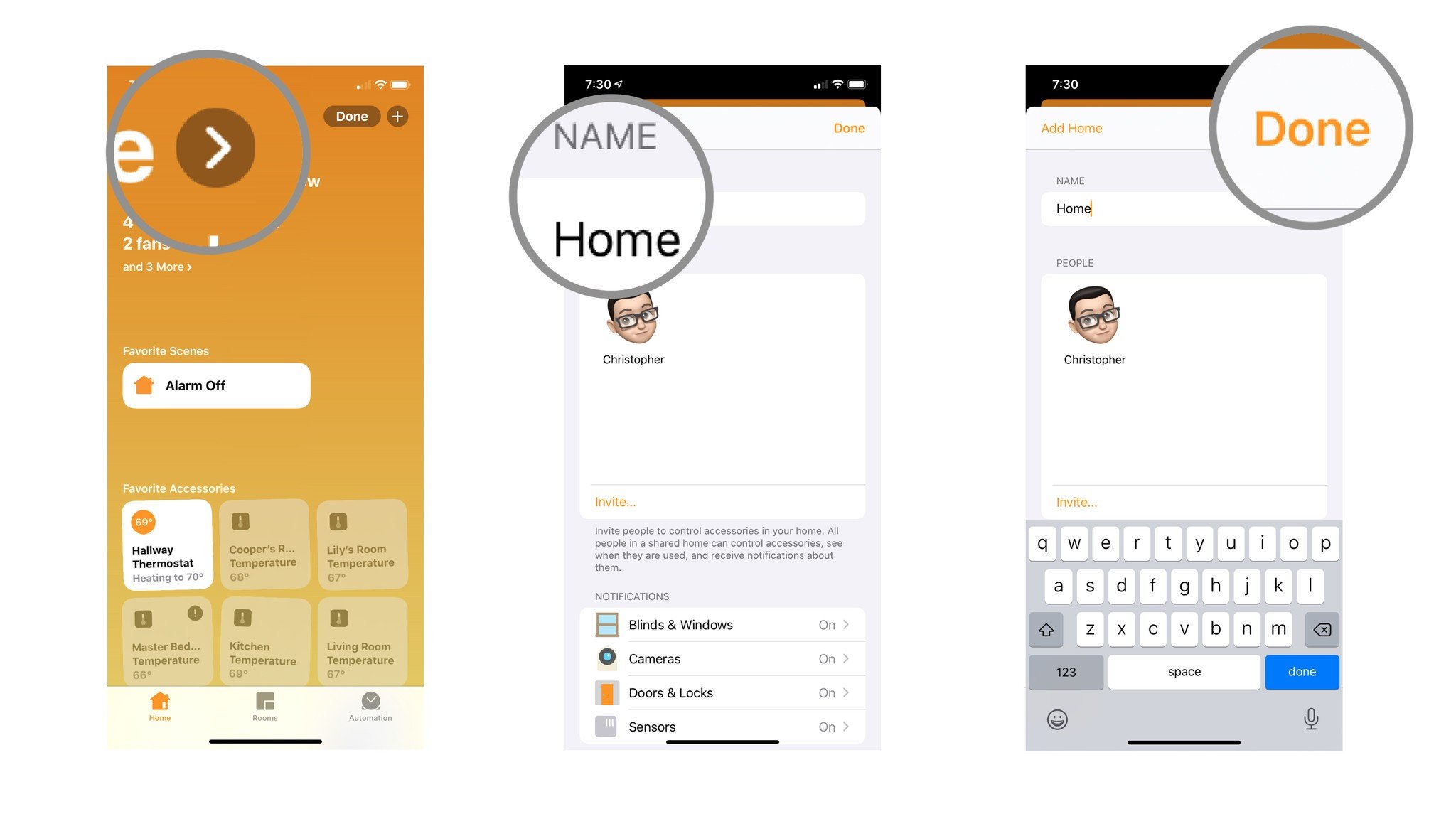 Steps 4-6 depicting how to rename home from favorites page in the Home app