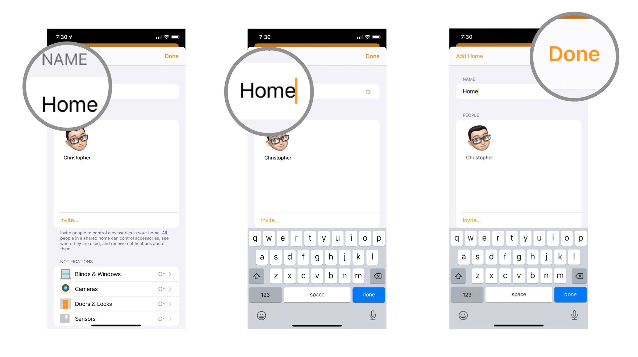Steps 4-6 depicting how to rename your home in the Home app