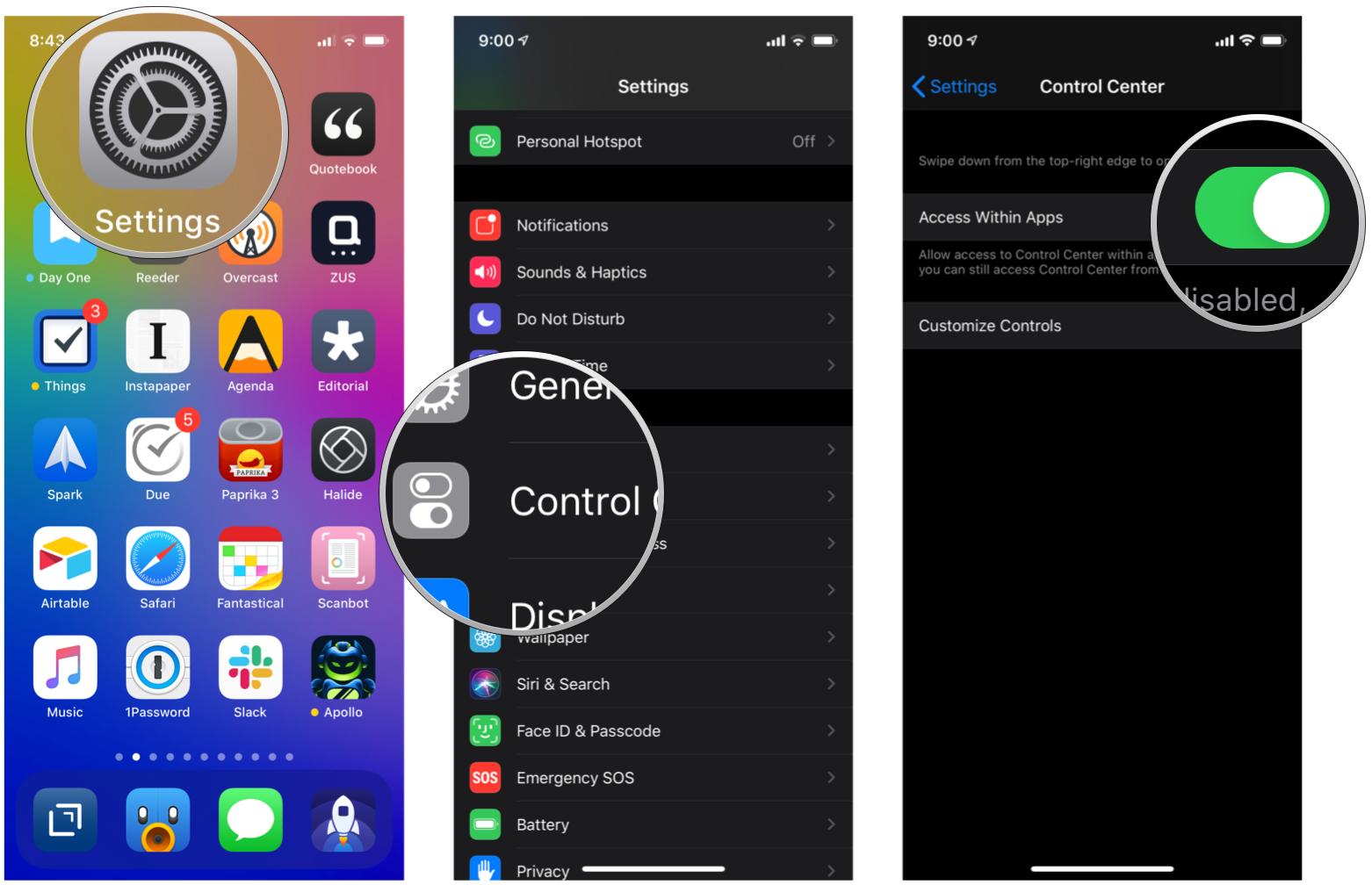  How to disable access to Control Center from within apps: Launch Settings, tap Control Center, toggle Access within Apps OFF