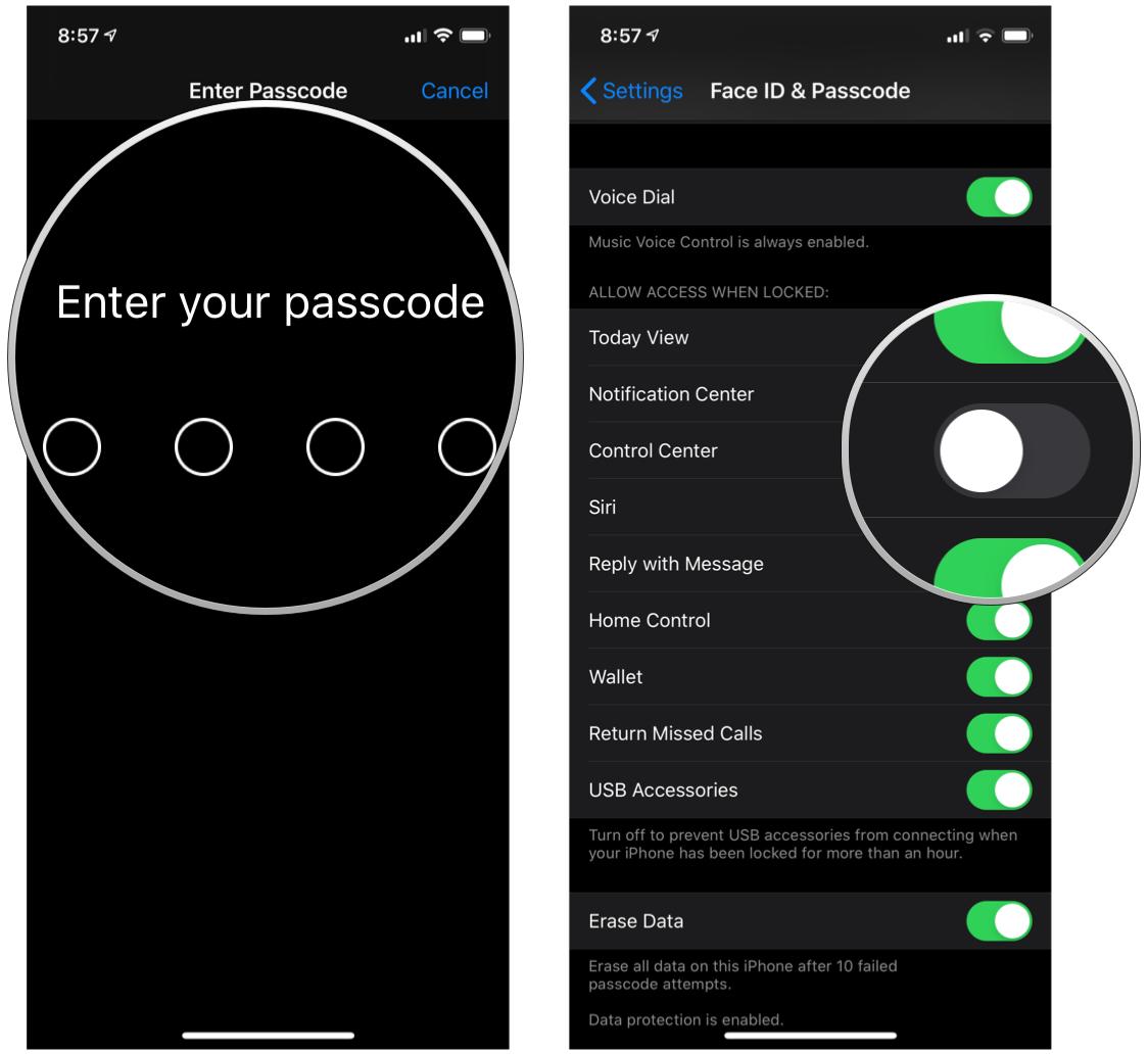 Enter your passcode when prompted, toggle Control Center switch OFF