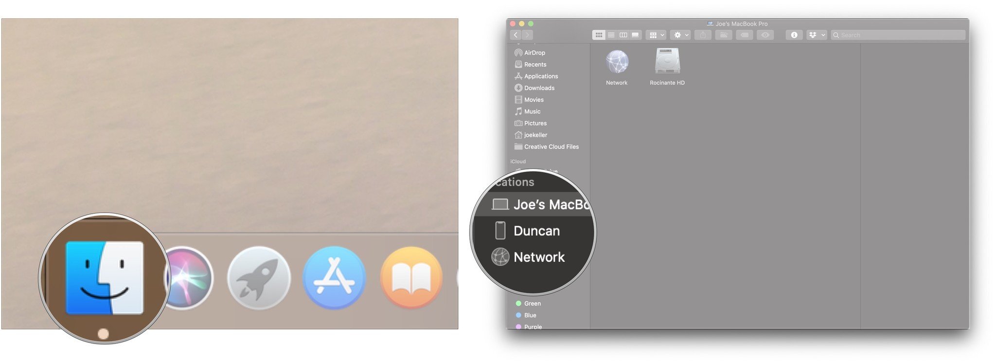 Перенос данных iPhone в macOS Catalina с указанием шагов в Click Finder, щелкните имя iPhone