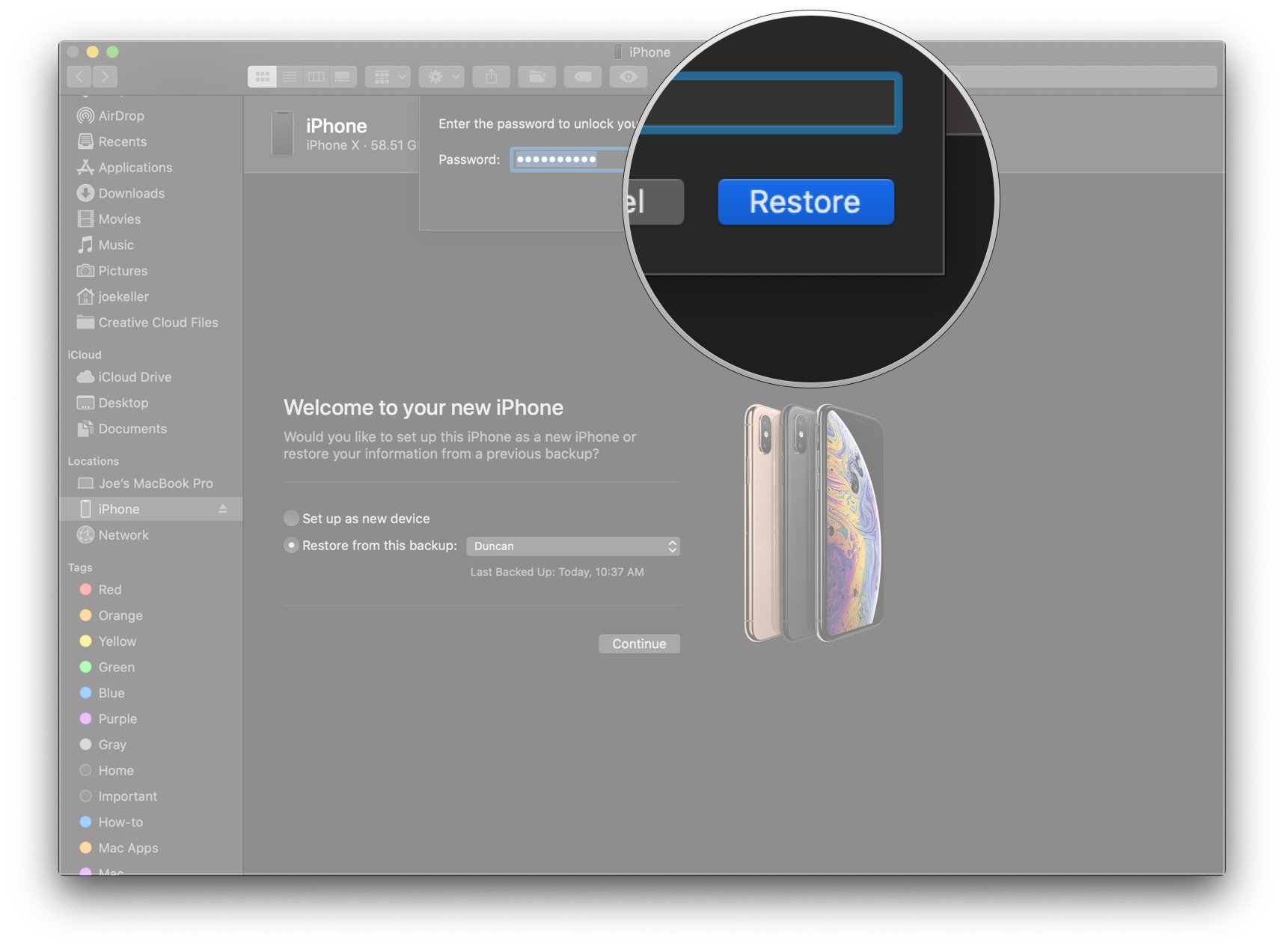 Перенос данных iPhone в macOS Catalina с указанием шагов по нажатию кнопки «Восстановить»