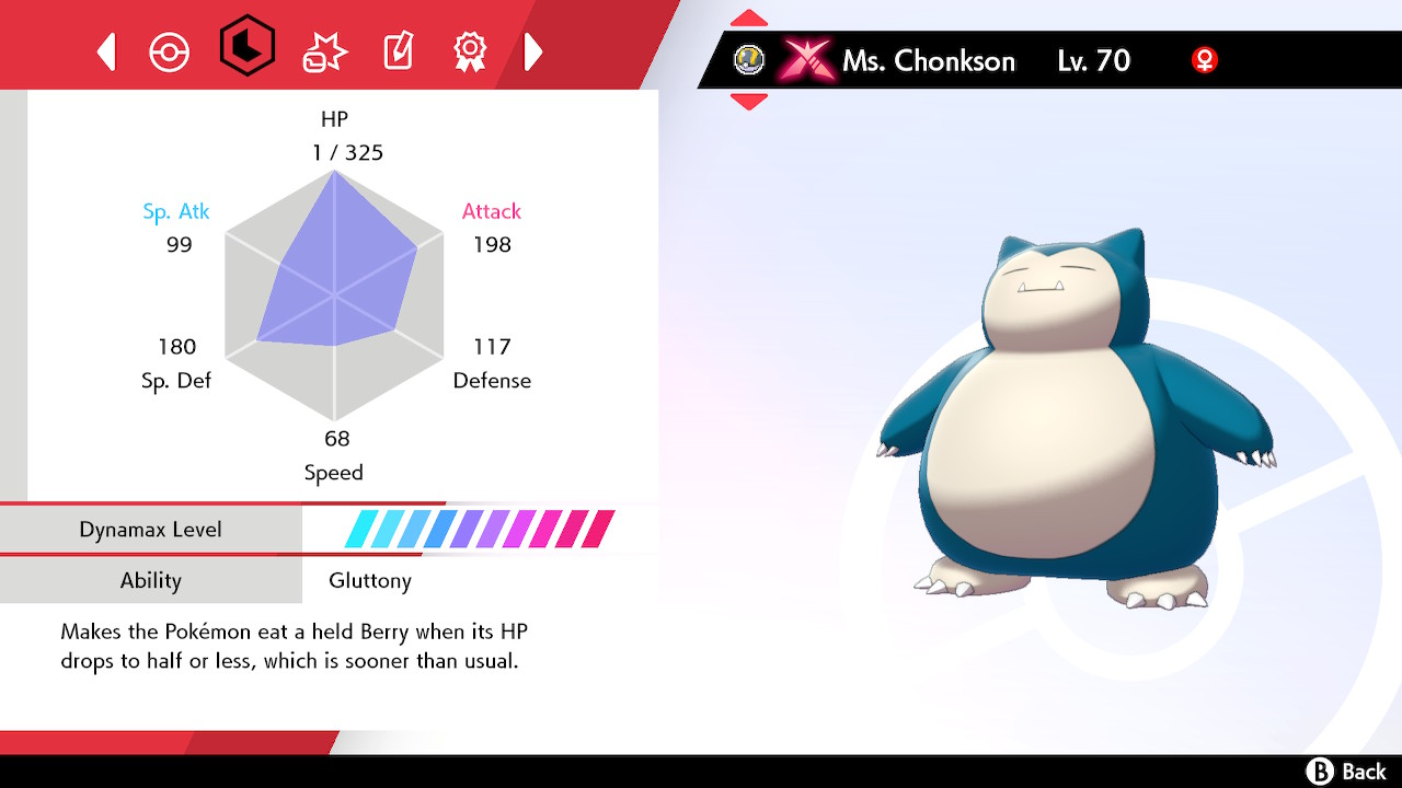 Snorlax stat page, Pokemon Sword and Shield