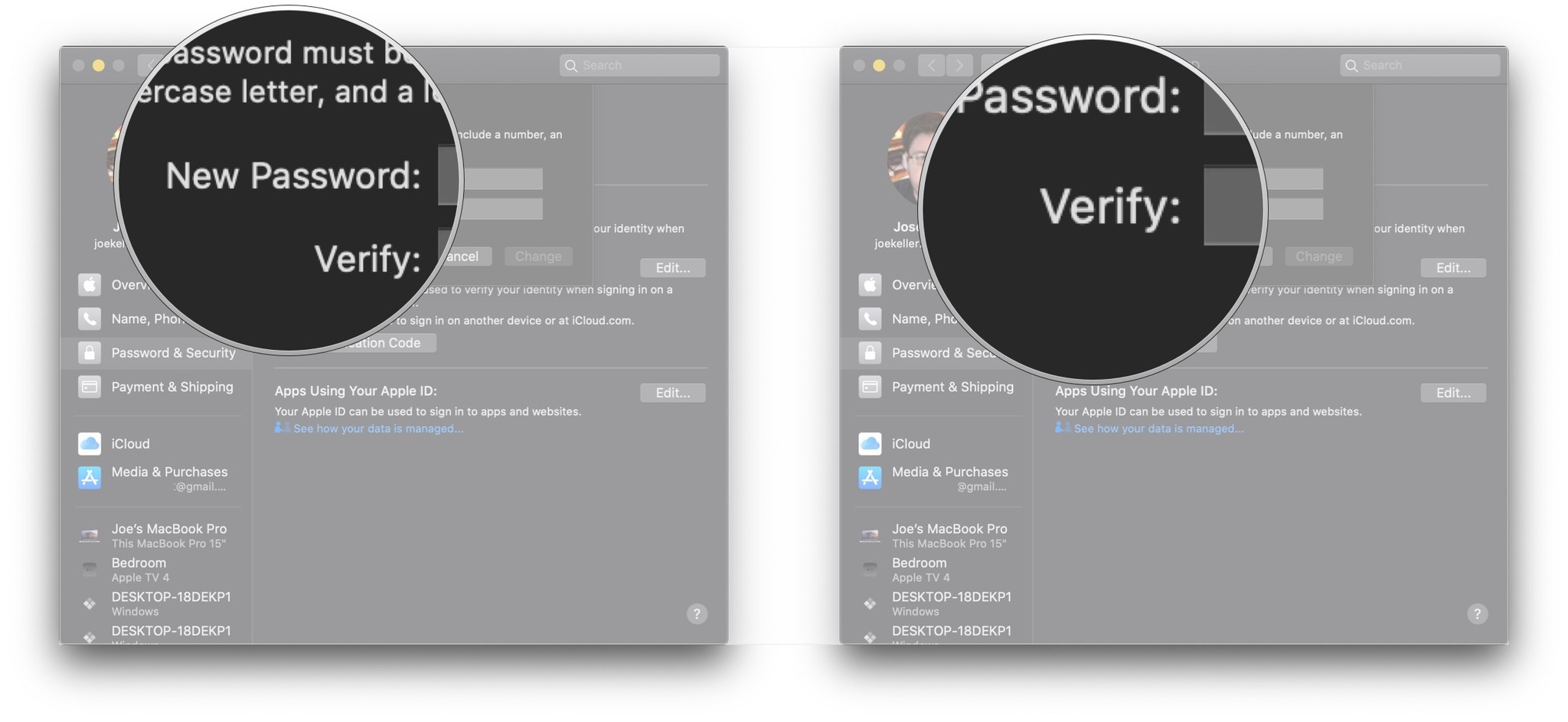 Enter new password, verify new password