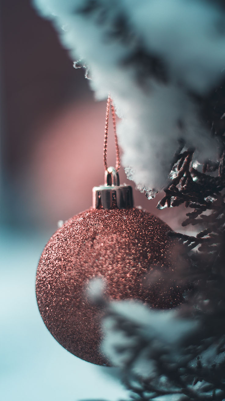Rose Gold ornament hanging in snow covered tree