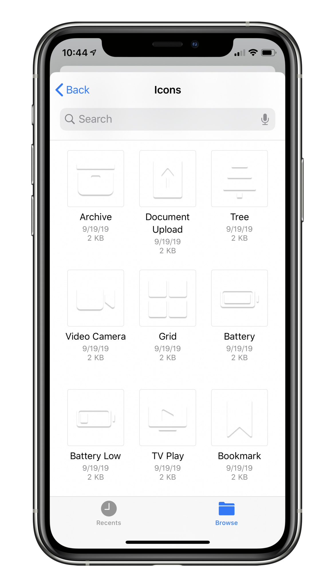 Показывает средство выбора файлов на iPhone и пользователя, выполняющего поиск по настраиваемому набору значков.