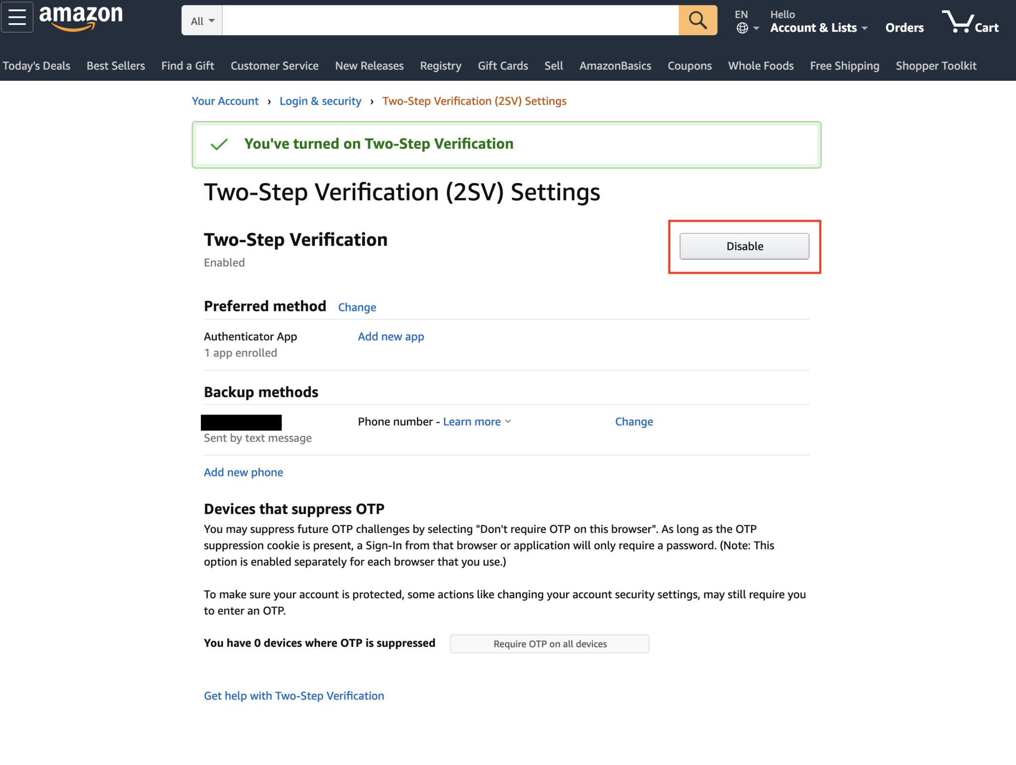 Amazon two step verification disable 1