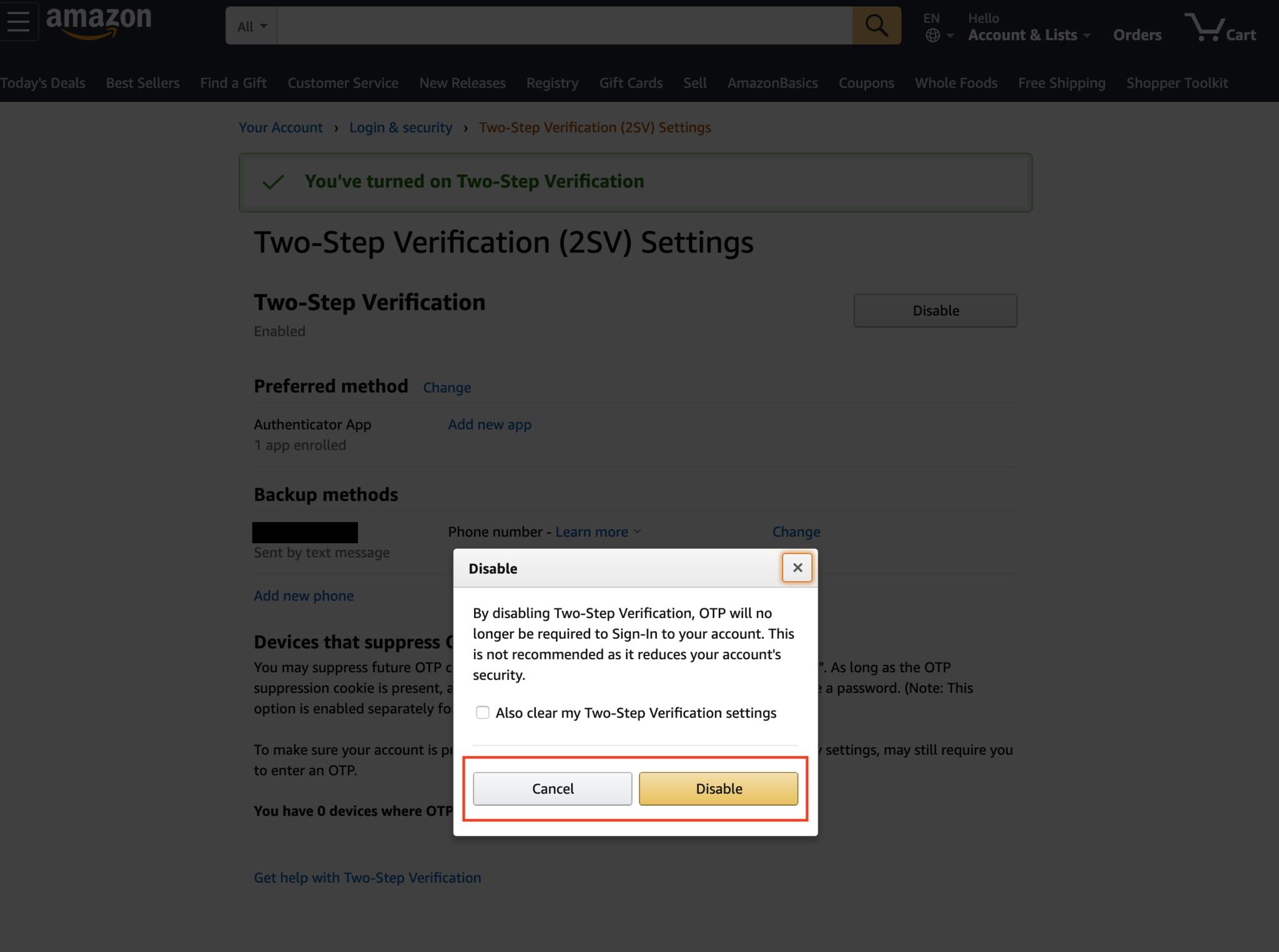 Amazon two step verification disable 2
