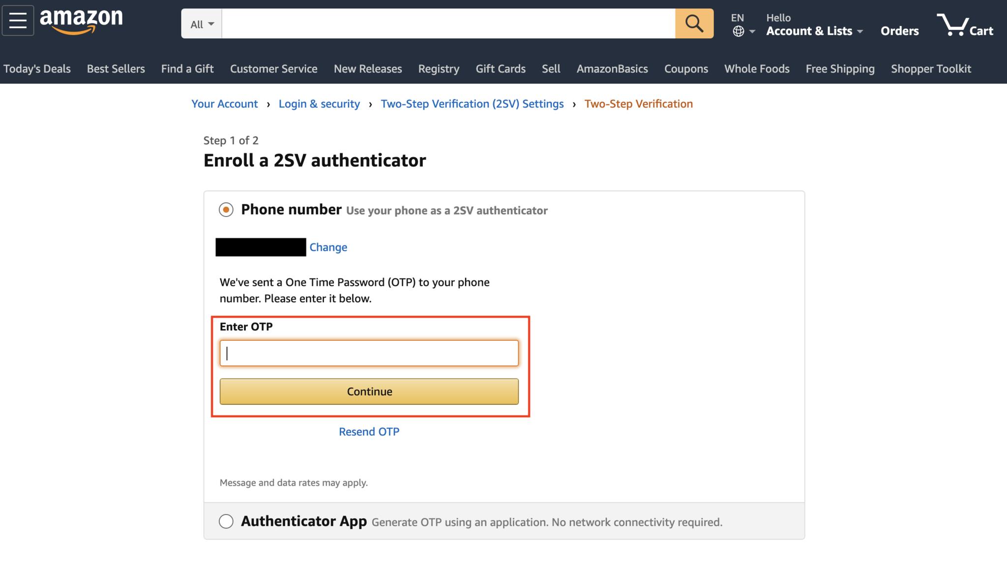 Amazon two step verification one time password entry