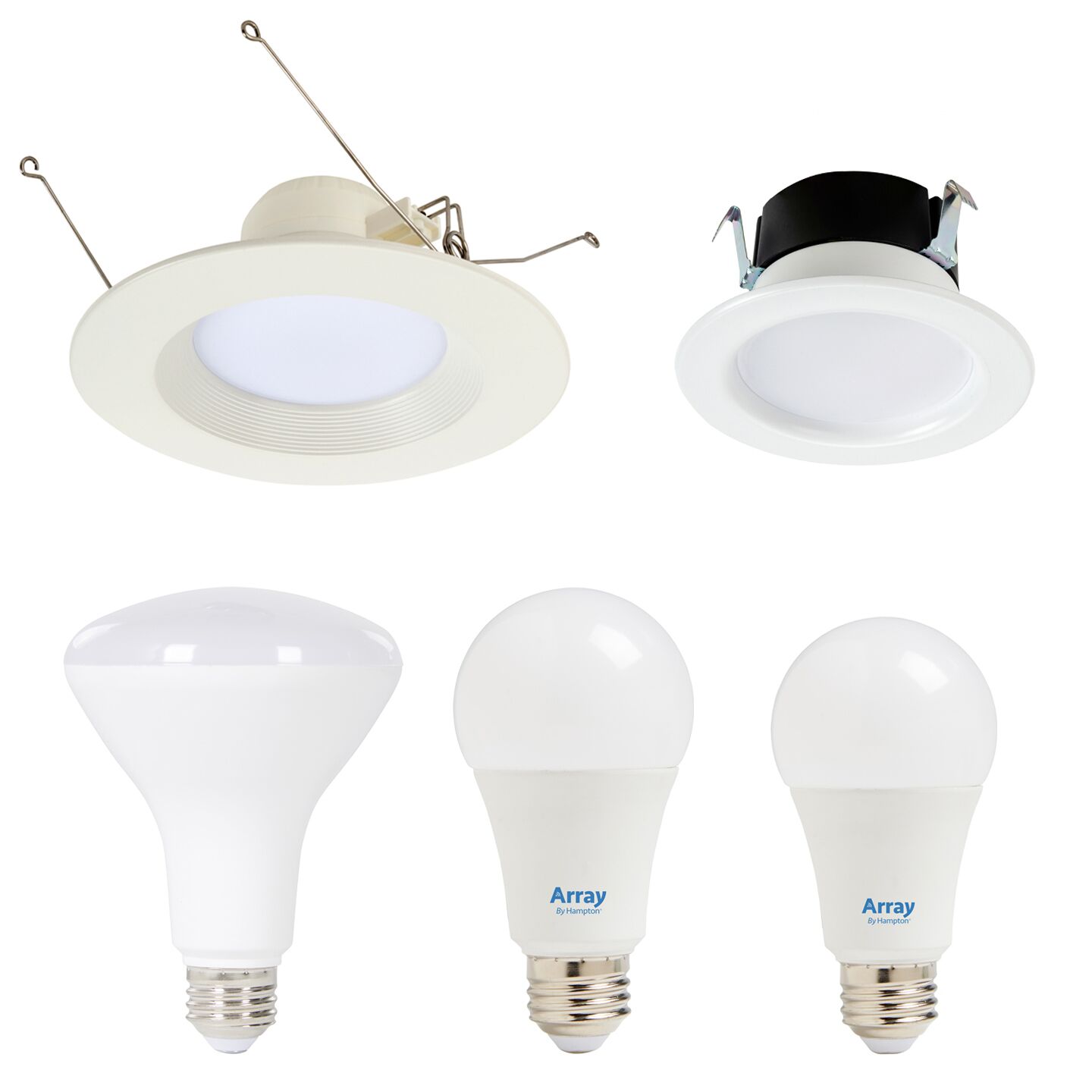Various light bulb sizes on display under recessed light fixtures