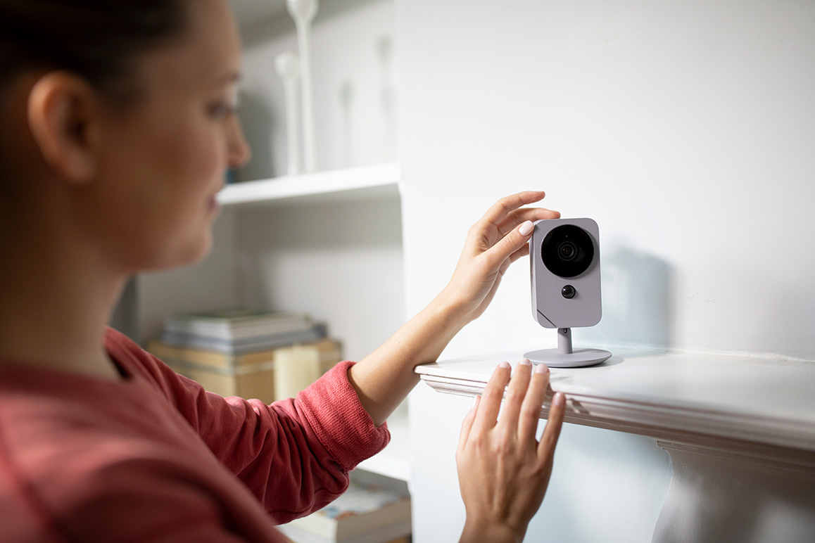 Blue by ADT indoor security camera on a shelf