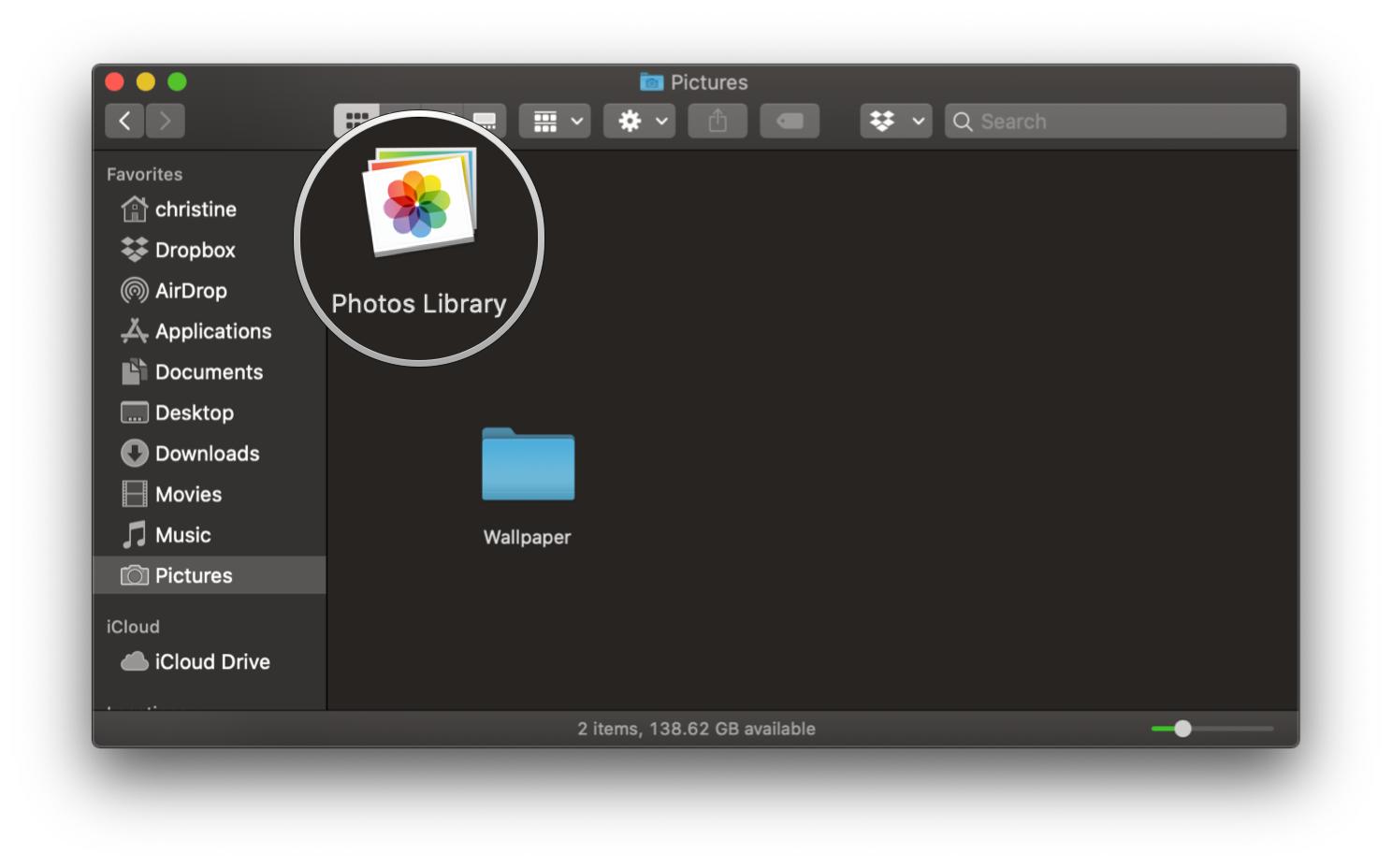 Sauvegardez manuellement la bibliothèque de photos en affichant : Cliquez et faites glisser votre bibliothèque de photos sur votre disque dur externe