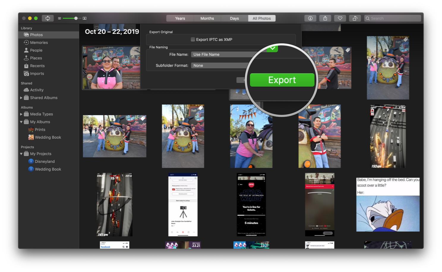 Sauvegardez des parties de votre photothèque iCloud en affichant : Cliquez sur Exporter