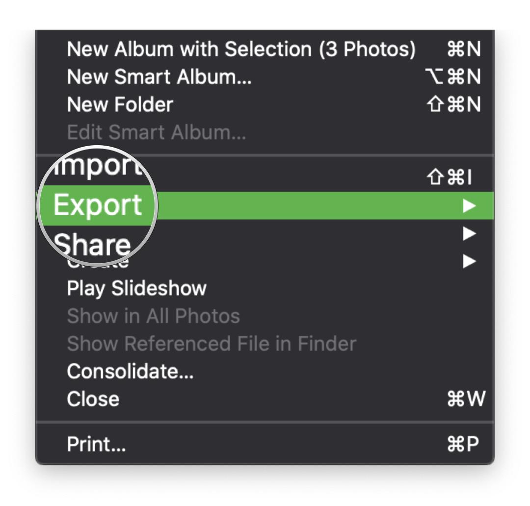 Sauvegardez des parties de votre photothèque iCloud en affichant : Passez la souris sur l'option Exporter