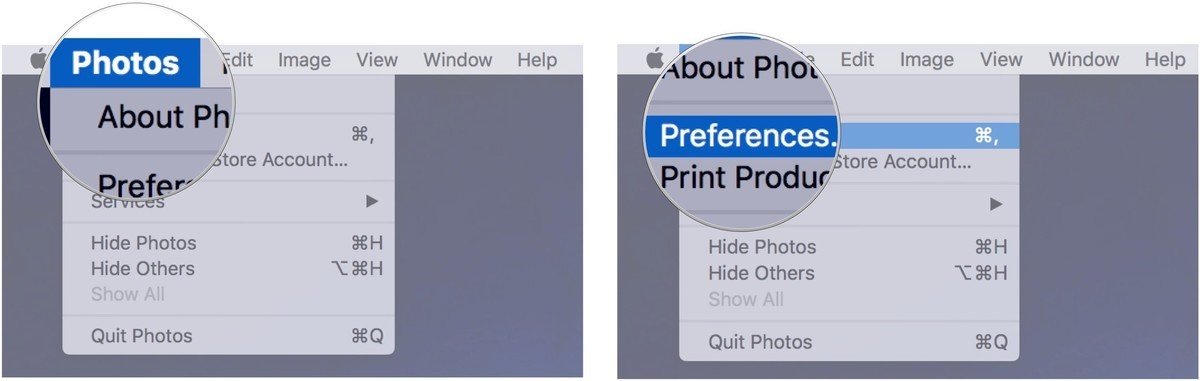 Back up iCloud Photo Library to Mac HD by showing: Click Photos, Click Preferences