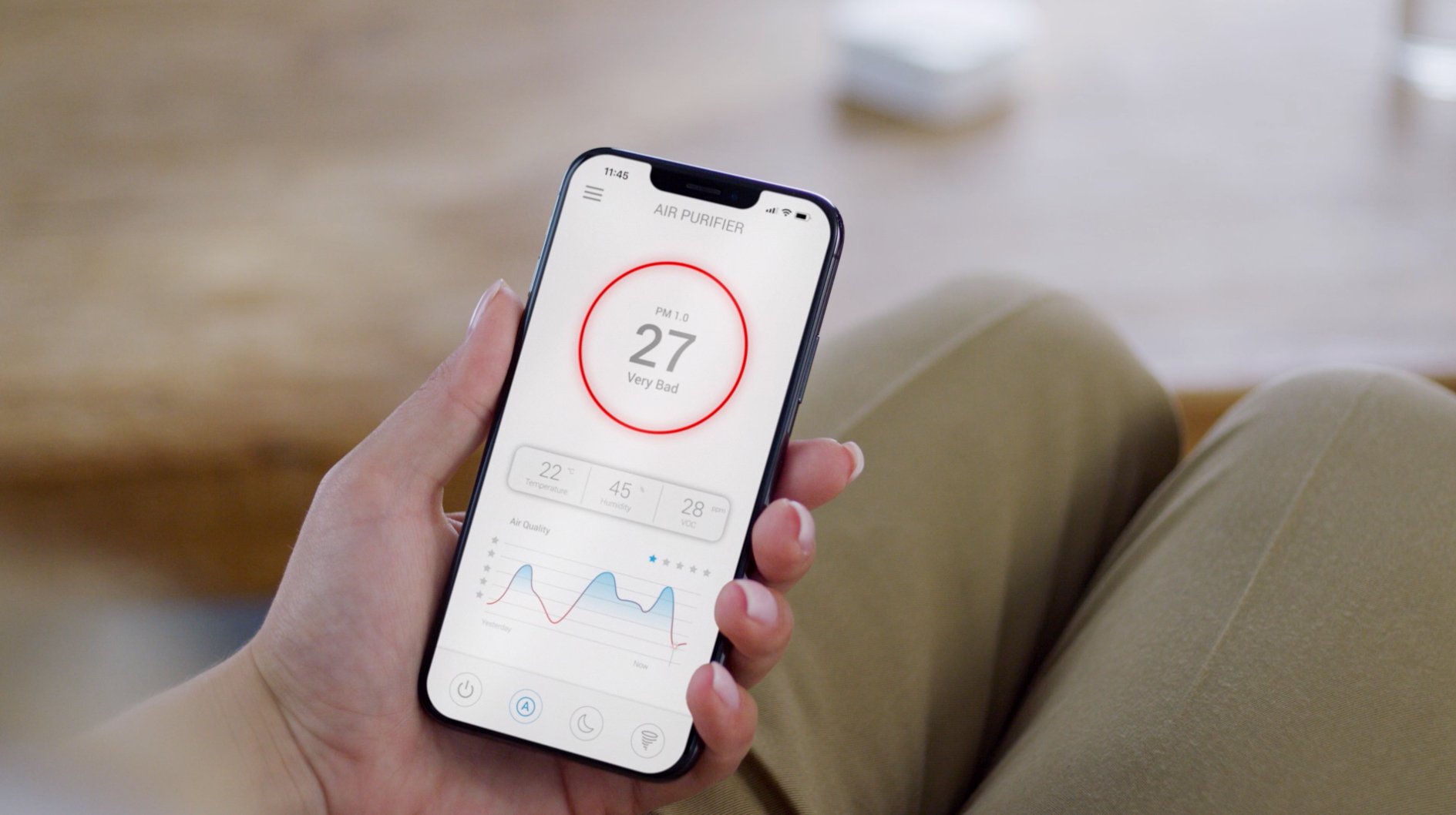 OneLife Air Purifier's measurements displayed within an app on a phone.