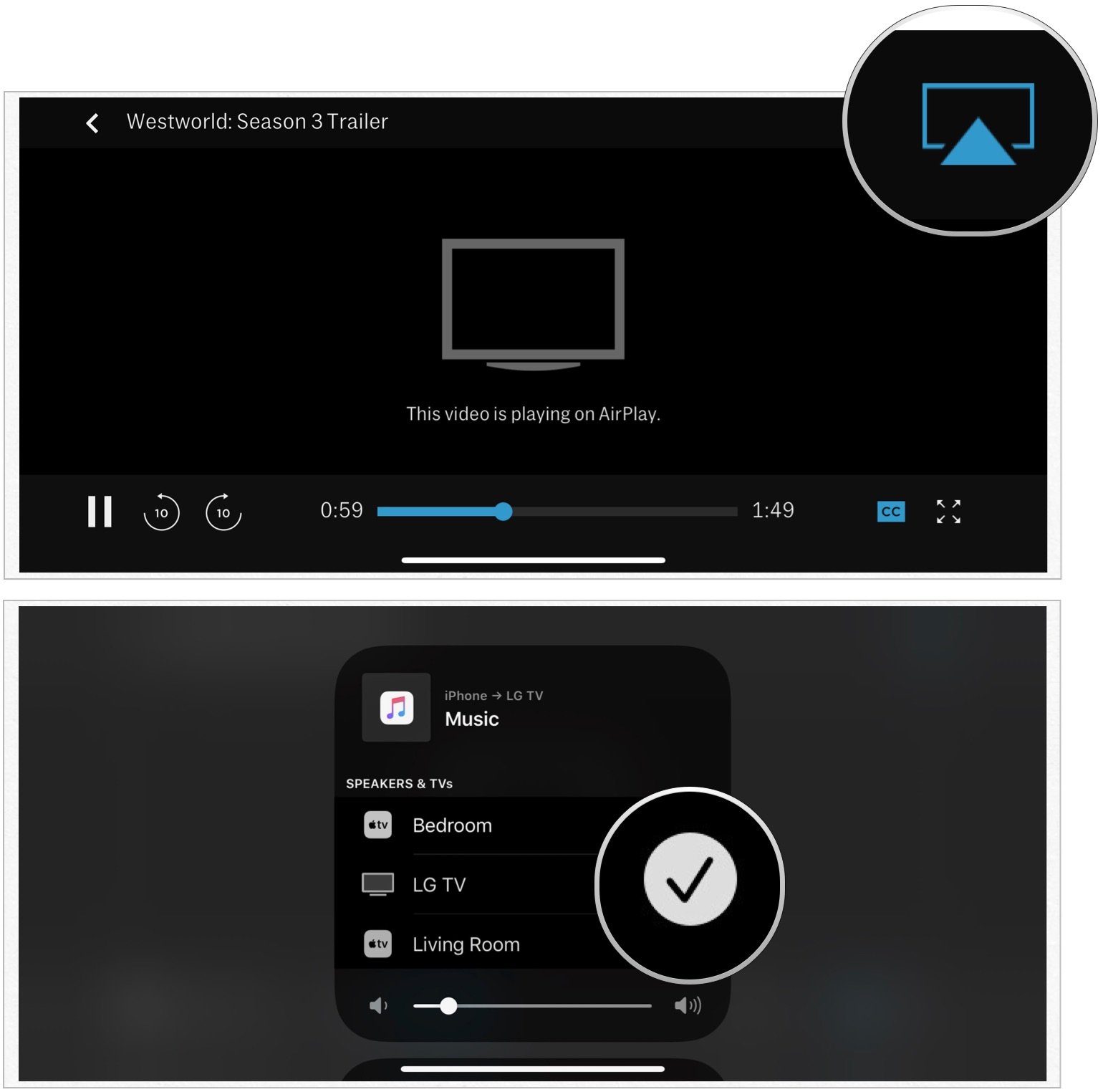 To stop casting video, tap the AirPlay icon on the vide screen, then uncheck the television. 