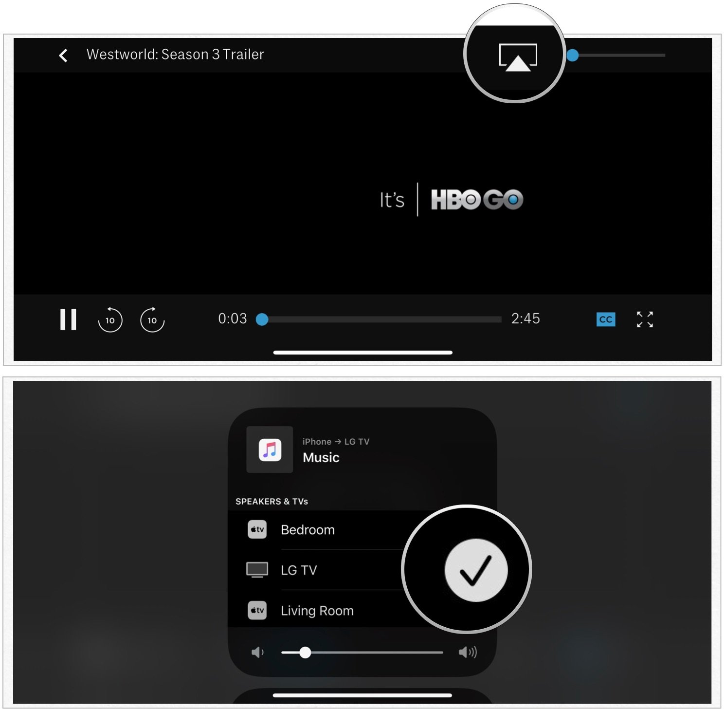 To cast video to smart televisions from iPhone or iPad, find the video you wish to AirPlay. Next, tap the AirPlay icon. Select the casting AirPlay-compatible television.