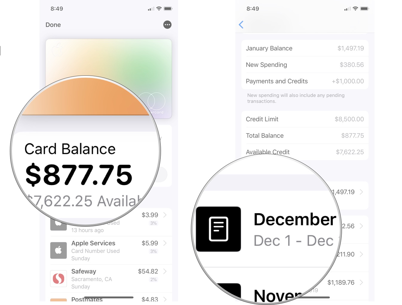 Exporting Apple Card Transactions showing the steps to Tap Card Balance, then select a monthly statement