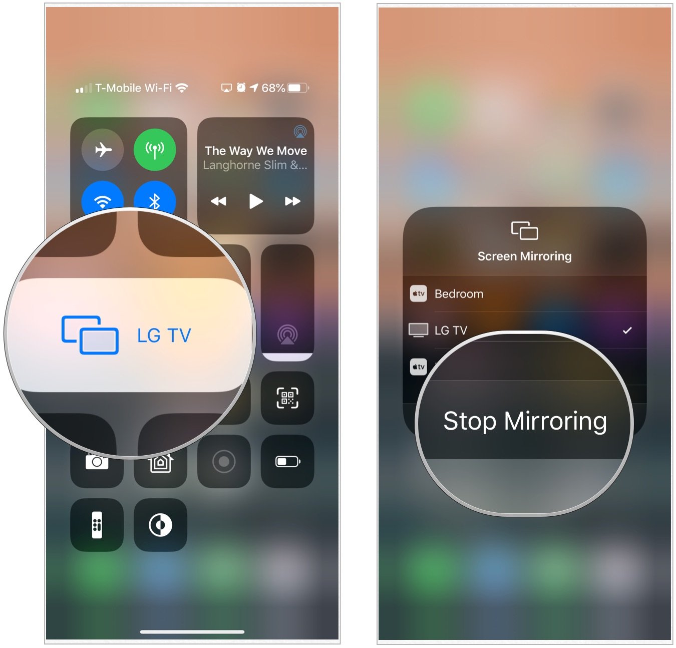 To stop mirroring, open Control Center, tap Screen Mirroring, then Stop Mirroring.